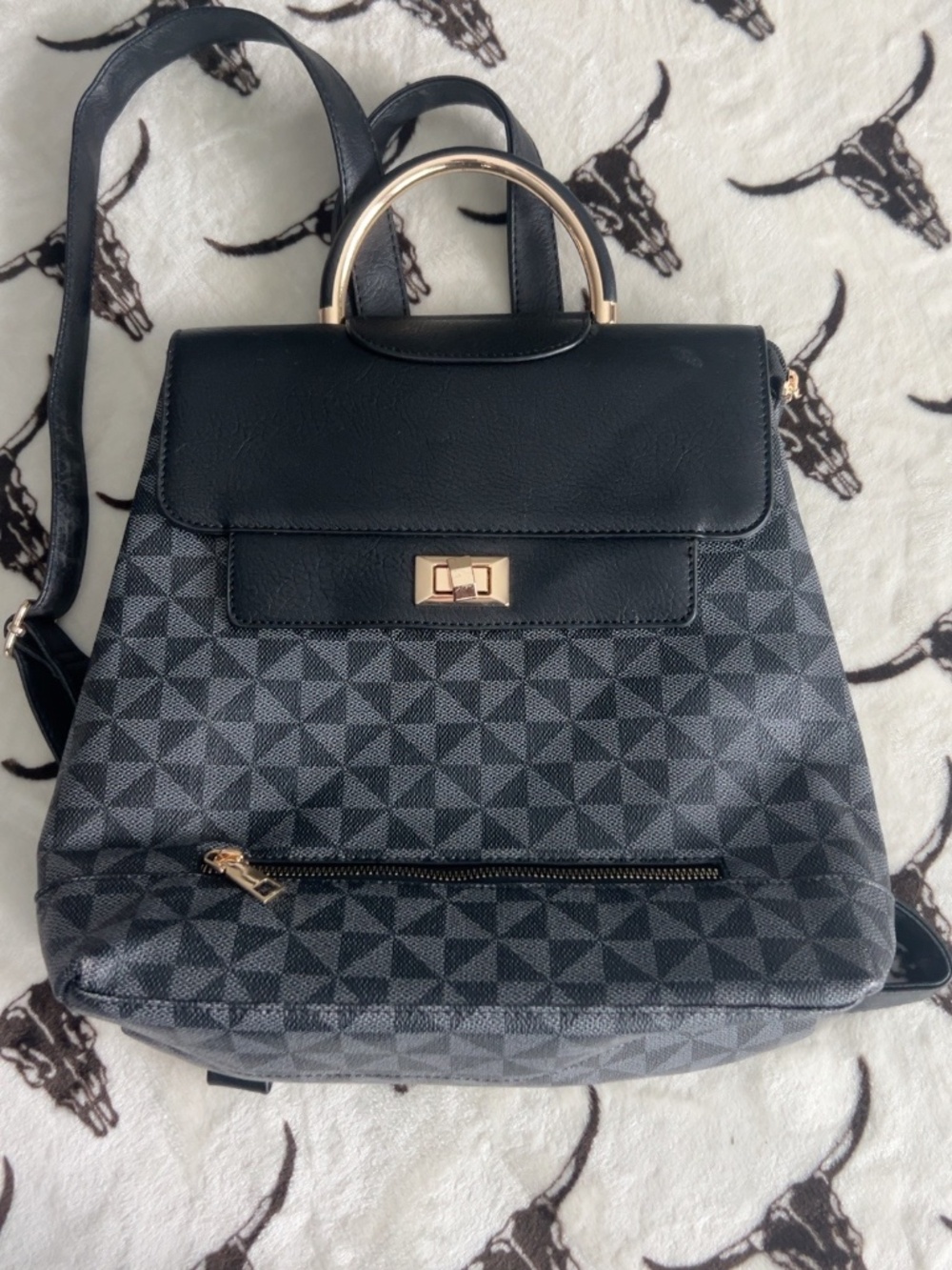 Black Gray Geometric Convertible Backpack Purse Gold Hardware